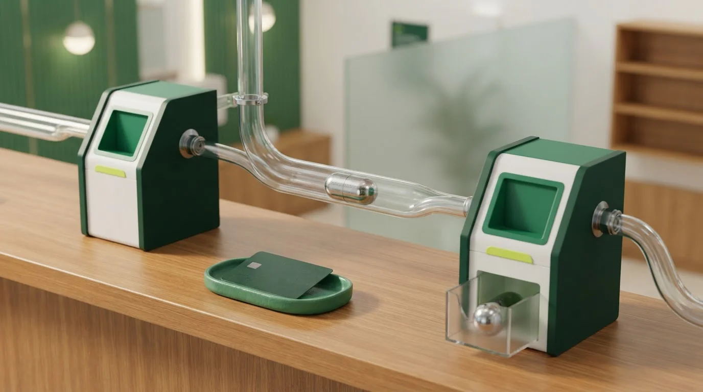 Rohrpostanlage mit Metallkapsel, Bankkarte und zwei Zahlungsterminals