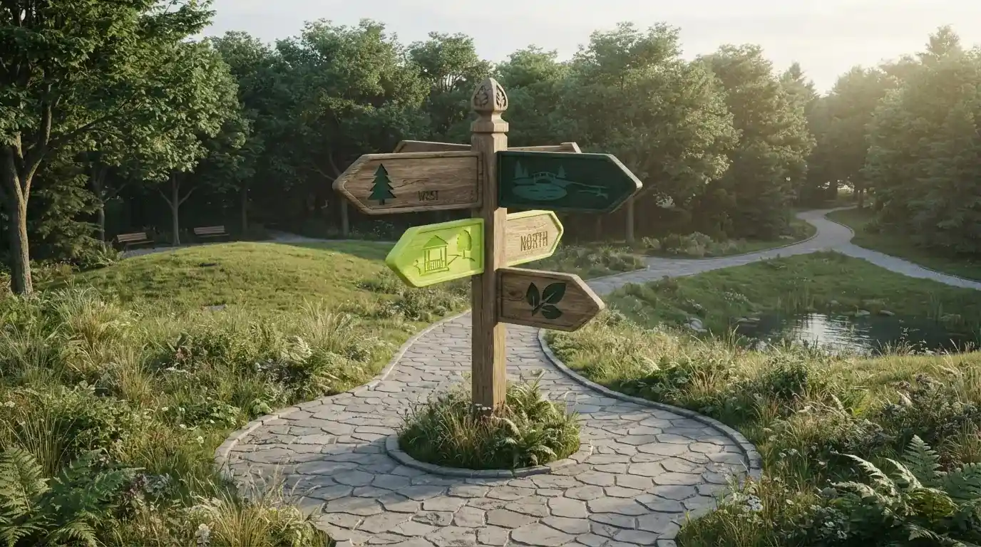 Hölzerner Wegweiser mit mehreren Richtungsarmen auf einem Parkweg