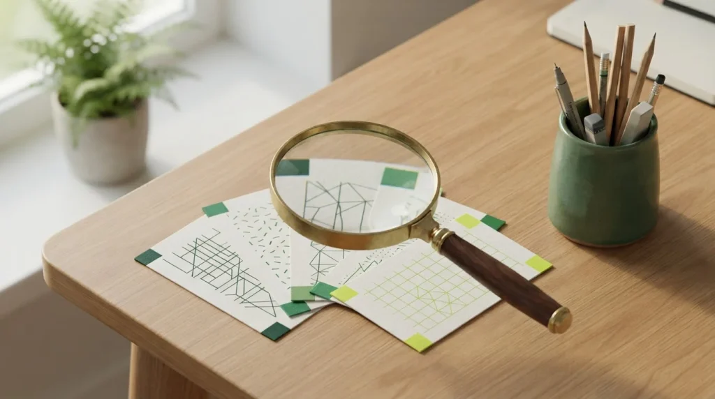 Lupe über Karten mit geometrischen Mustern auf einem Tisch
