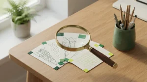 Lupe über Karten mit geometrischen Mustern auf einem Tisch