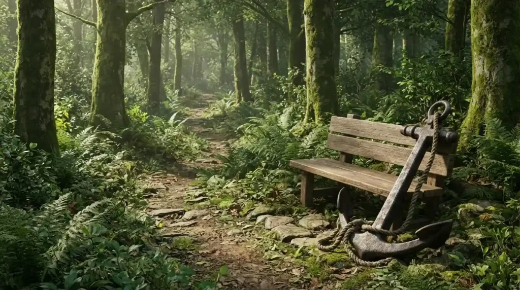 Eiserner Anker neben einer Holzbank auf einem Waldweg