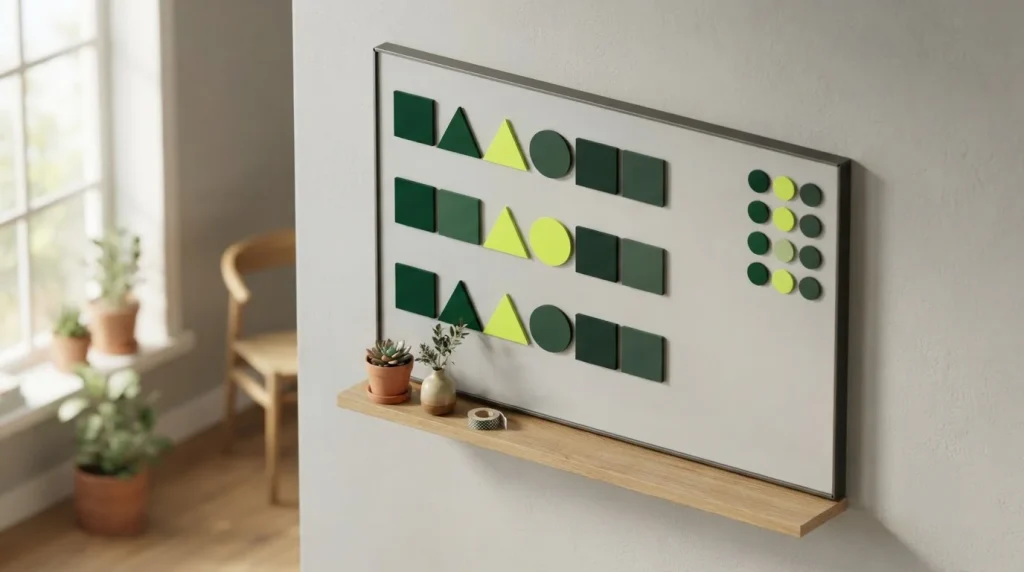 Magnettafel mit bunten geometrischen Markern in drei Reihen