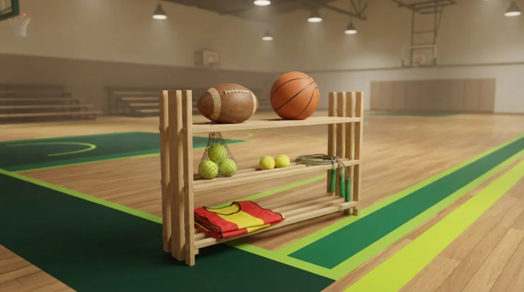 Ballregal mit Fußball, Basketball und Tennisbällen in einer Sporthalle