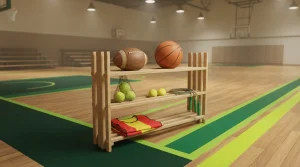 Ballregal mit Fußball, Basketball und Tennisbällen in einer Sporthalle