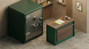 Metalltresor neben einem Schalter mit Bankkarte und Belegen